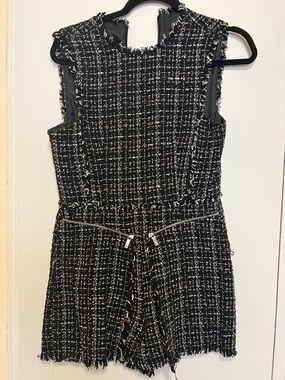 Zara Black and White Tweed Romper with Fringe Trim